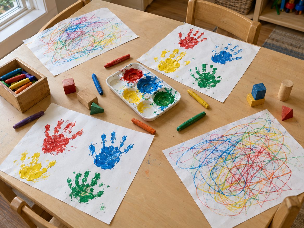 Daycare artwork: chunky crayon scribbles and finger-paint handprints