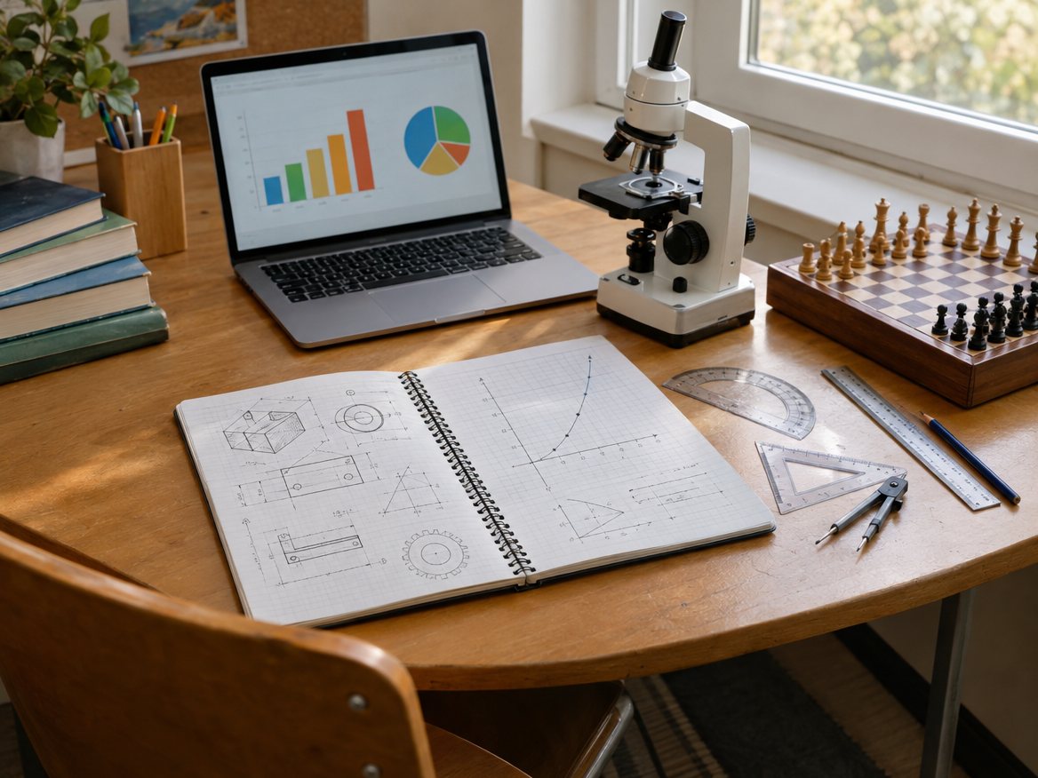 Junior secondary work: technical sketches, graphs, a laptop chart and a microscope