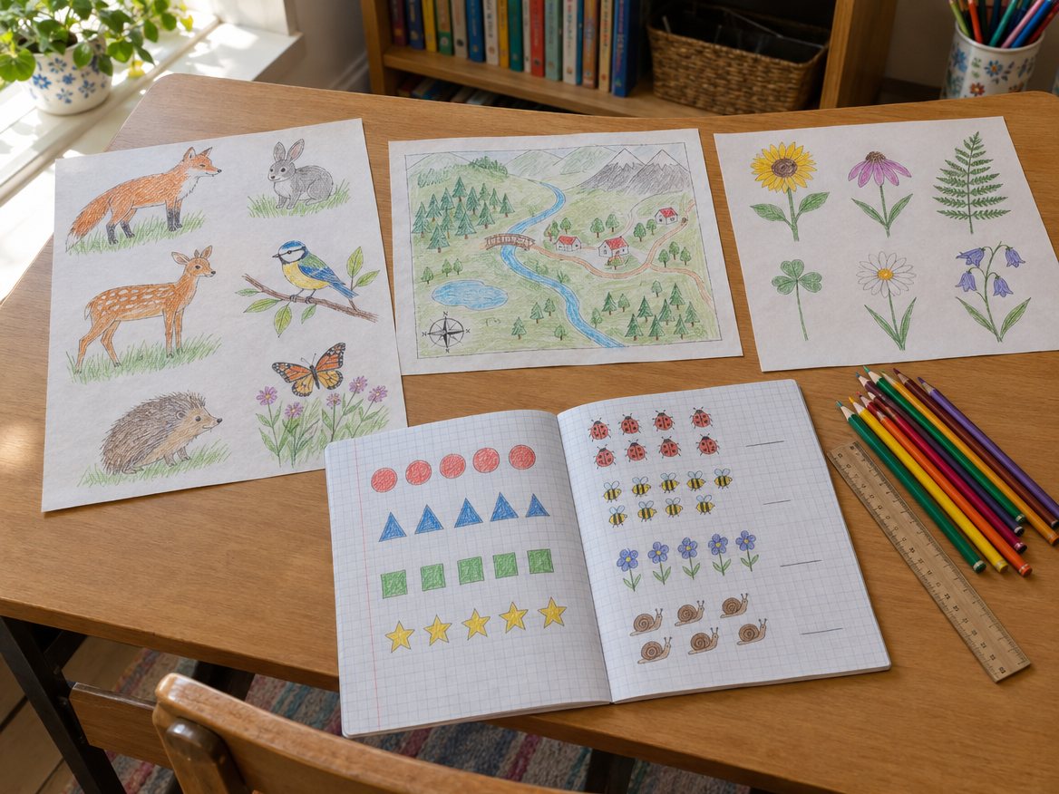 Lower primary work: careful coloured-pencil drawings of animals and plants, and counting sketches