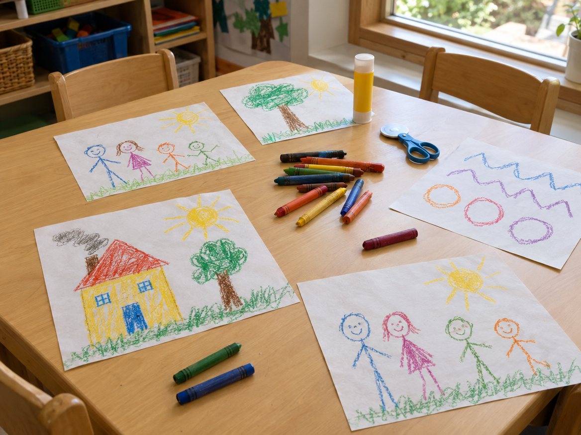 Pre-primary drawings of houses, trees and families, with early shapes and wavy lines