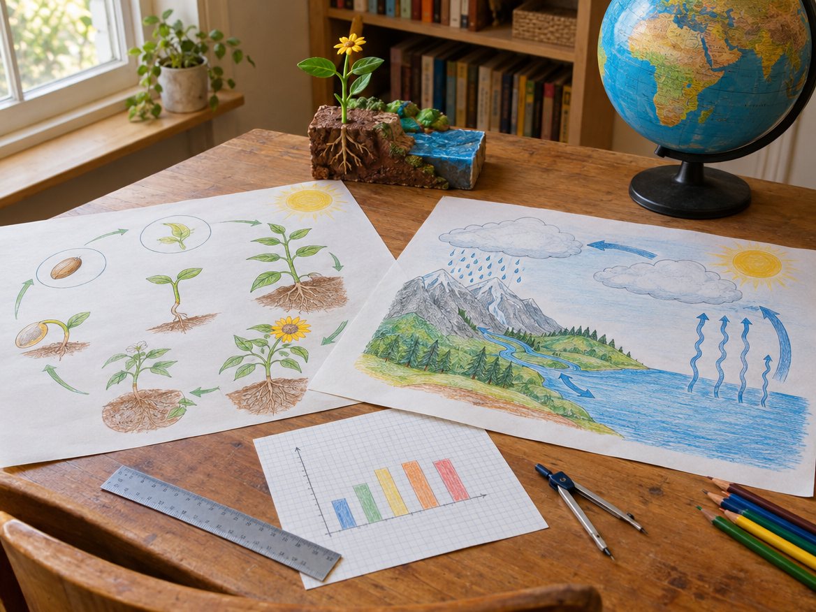Upper primary project work: plant life cycle and water cycle diagrams, a model and a bar chart